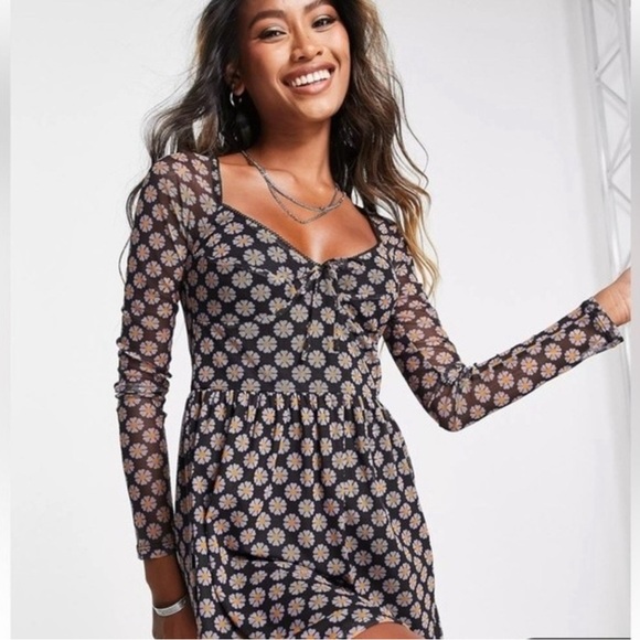 TOPSHOP “Love at First Scroll” First Floral Daisy Print Mesh Mini Dress Size M - Picture 7 of 12